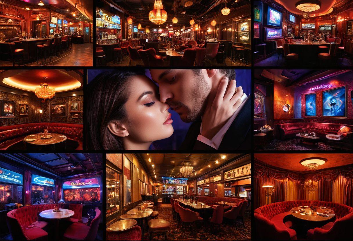 A visually stunning collage representing the world of adult entertainment, featuring a diverse array of engaging imagery such as sophisticated couples in intimate settings, a vibrant city nightlife backdrop, and abstract elements symbolizing fantasy and exploration. Incorporate elements like plush velvet textures, warm lighting, and an alluring atmosphere. Highlight a sense of exclusivity and depth in the visual narrative. super-realistic. vibrant colors. 3D.