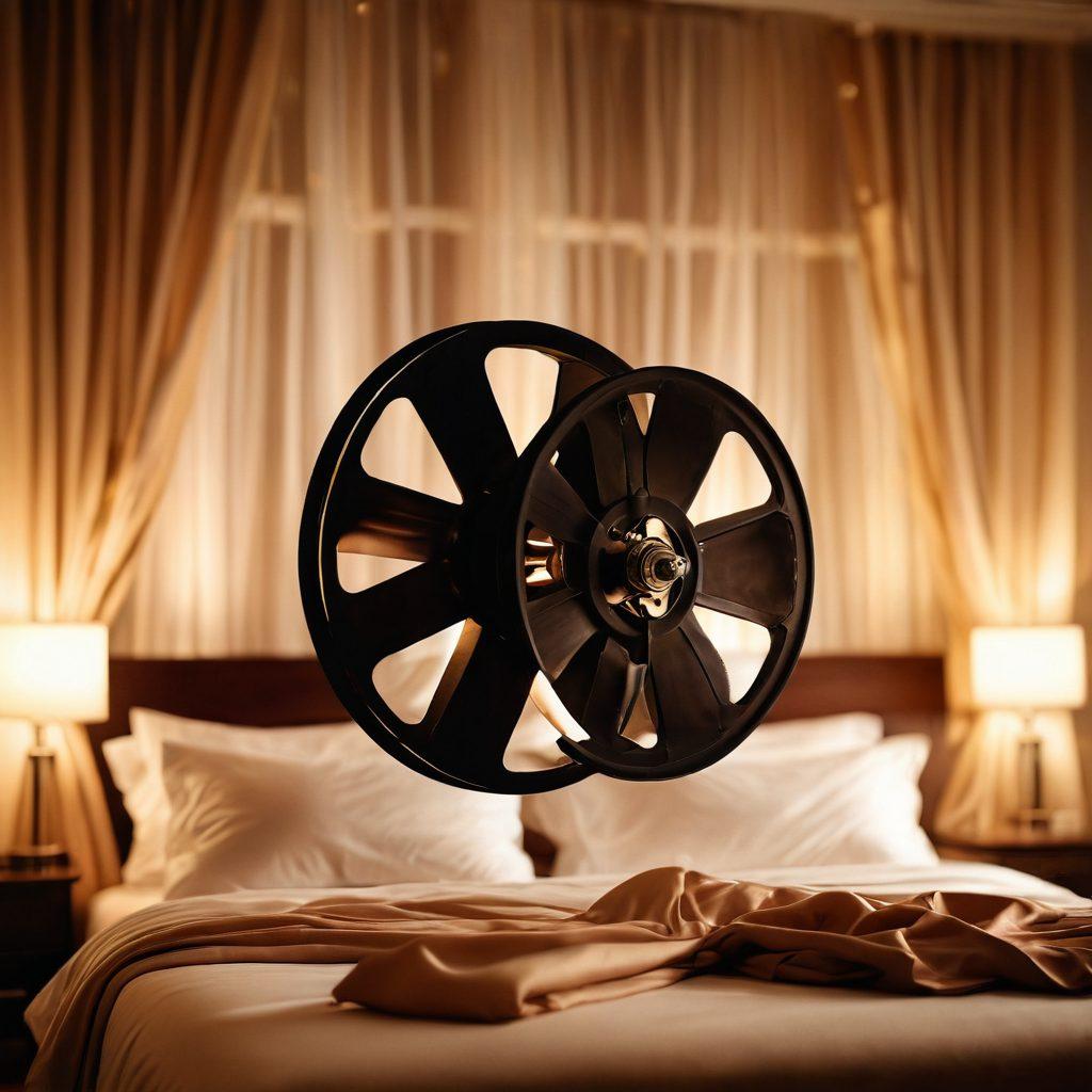 A sophisticated and artistic representation of a film reel unraveling, intertwining with silk sheets, subtle silhouettes of diverse couples exploring intimacy. The background features soft focus lights that evoke a lively yet classy cinema atmosphere. A blend of warm tones to create a cozy ambiance, hinting at the theme of adult content without being explicit. Elegant typography overlay with the blog title. super-realistic. warm hues. elegant style.