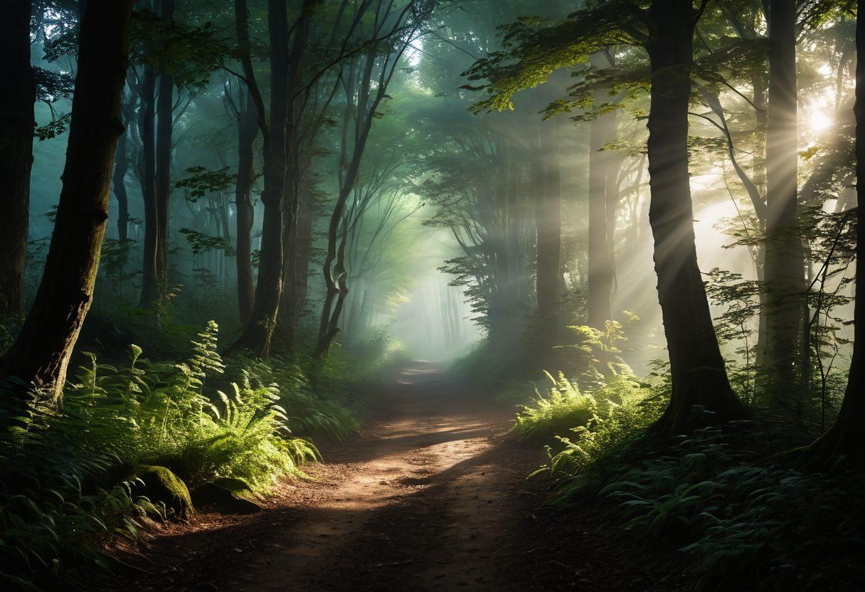 A mysterious path leading through a lush, enchanting forest, with gentle light filtering through the trees, revealing glimpses of alluring silhouettes and shadows, hinting at secrets along the way. Subtle hints of provocative imagery blended with the natural scenery, creating an intriguing sense of exploration. The atmosphere should feel intimate and enticing, inviting viewers to embark on a journey of discovery. fantasy art. ethereal colors. soft focus.